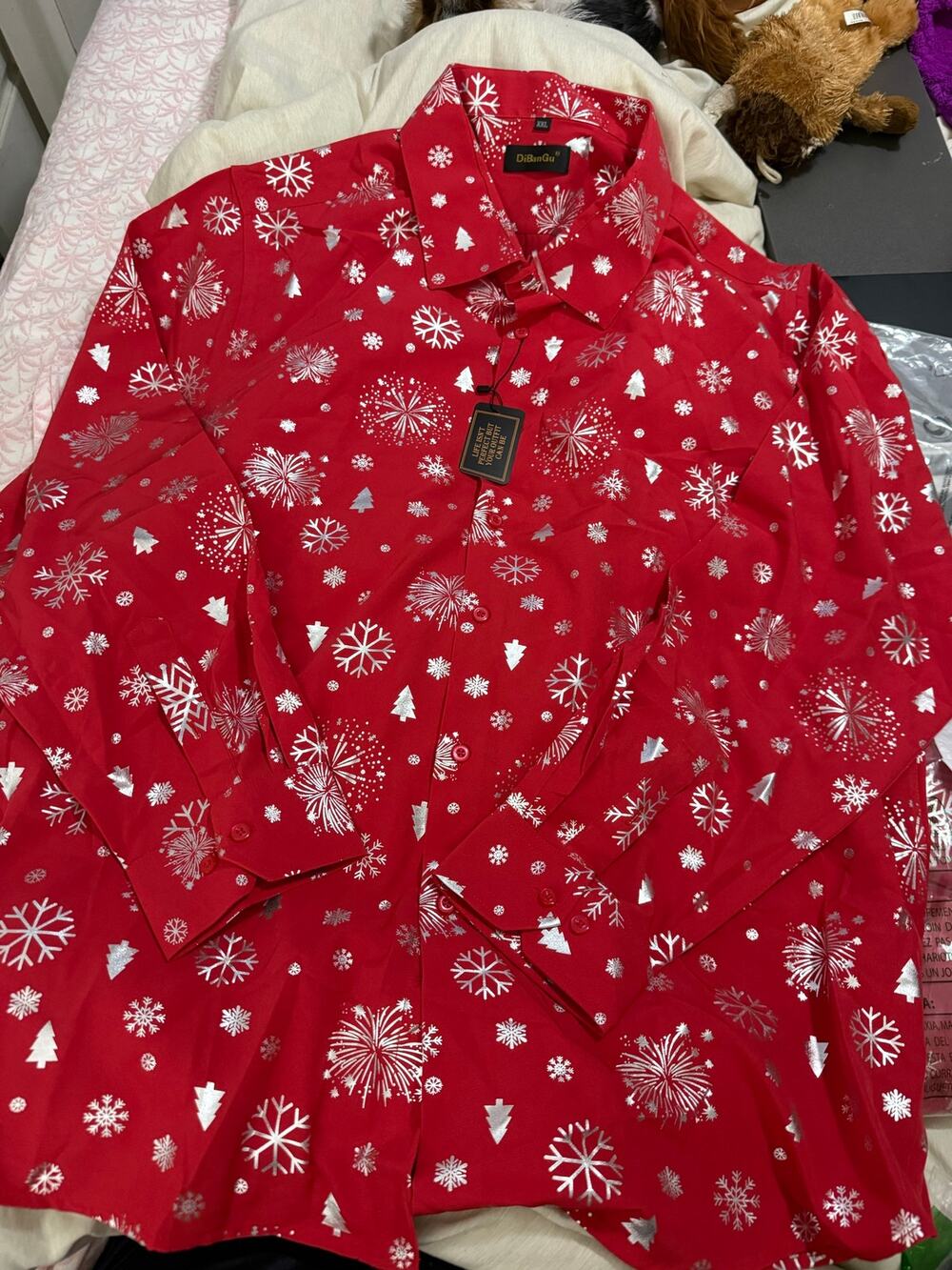 DiBanGu Mens XXL Christmas Shirt Red Silver Snowflake Long Sleeve NWT Holiday